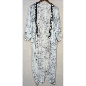 Suki So Women White Black Line Art Face Floral Print Long Kimono Duster Cardigan